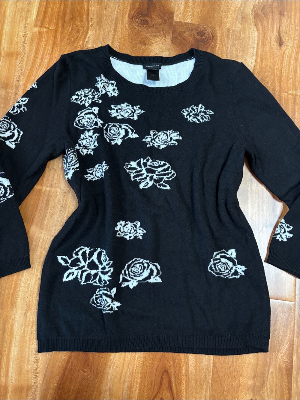 Ann Taylor Black Sweater with White Floral Motif